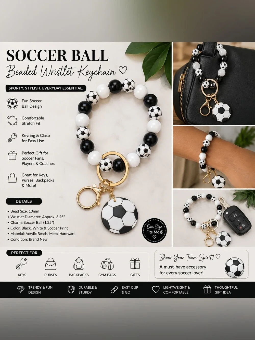 ⚽ Soccer Beaded Wristlet Keychain – NEW